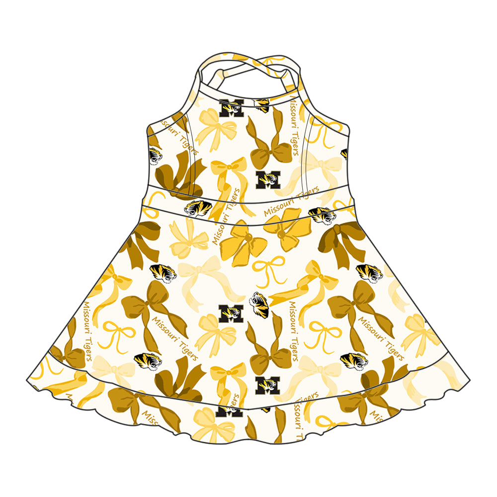 (Custom Design Preorder MOQ 5 Each Color) Team's MISSOURI TIGERS Bows Print Girls Summer Clothes Sisters Matching Wear