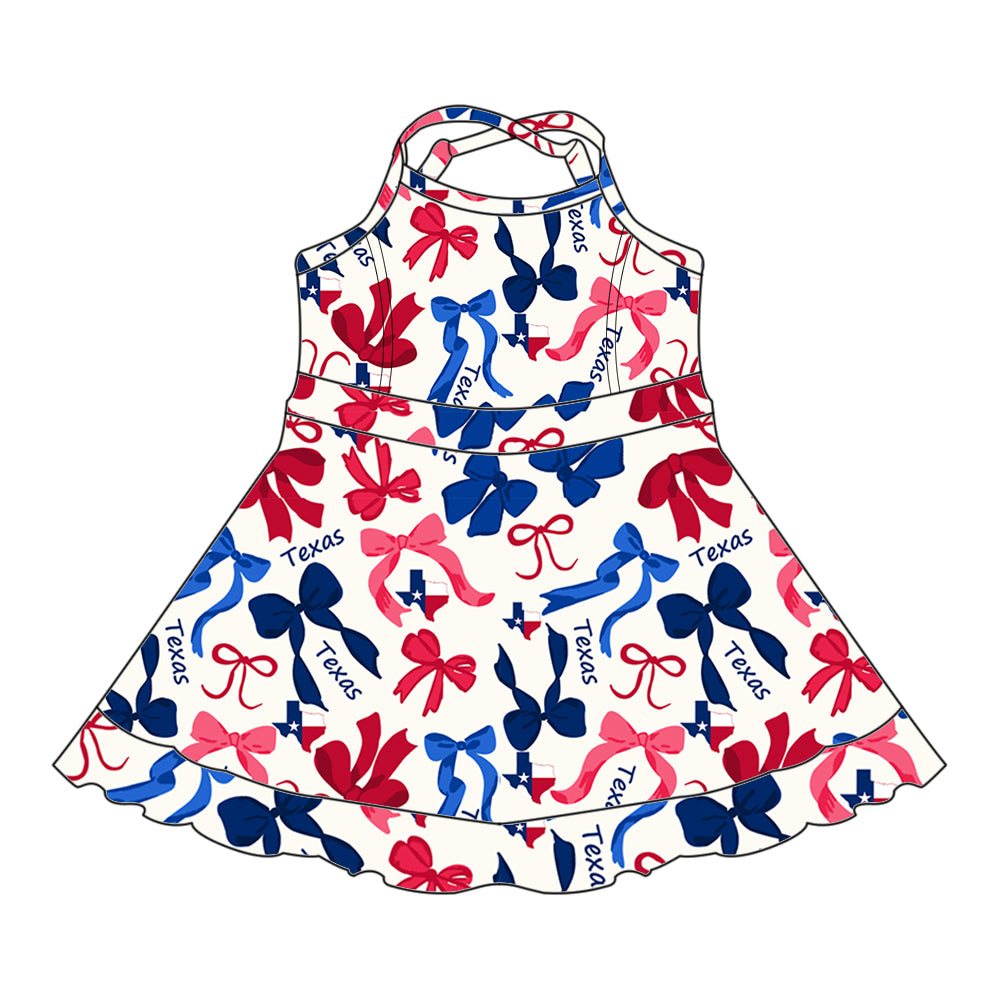 (Custom Design Preorder MOQ 5 Each Color) Team's TEXAS Bows Print Girls Summer Clothes Sisters Matching Wear