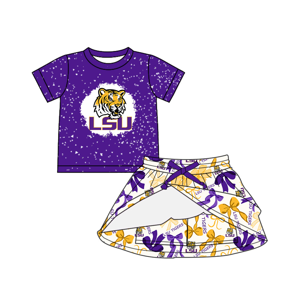 (Custom Design Preorder MOQ 5 Each Color) Team's LSU TIGERS Bows Print Girls Summer Clothes Sisters Matching Wear