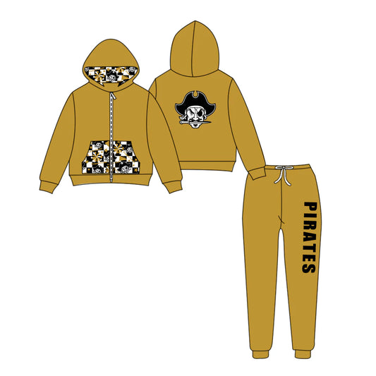 (Custom Design Preorder MOQ 5) Team's PIRATES Zipper Hoodie Top Gold Pants Kids Fall Clothes Set