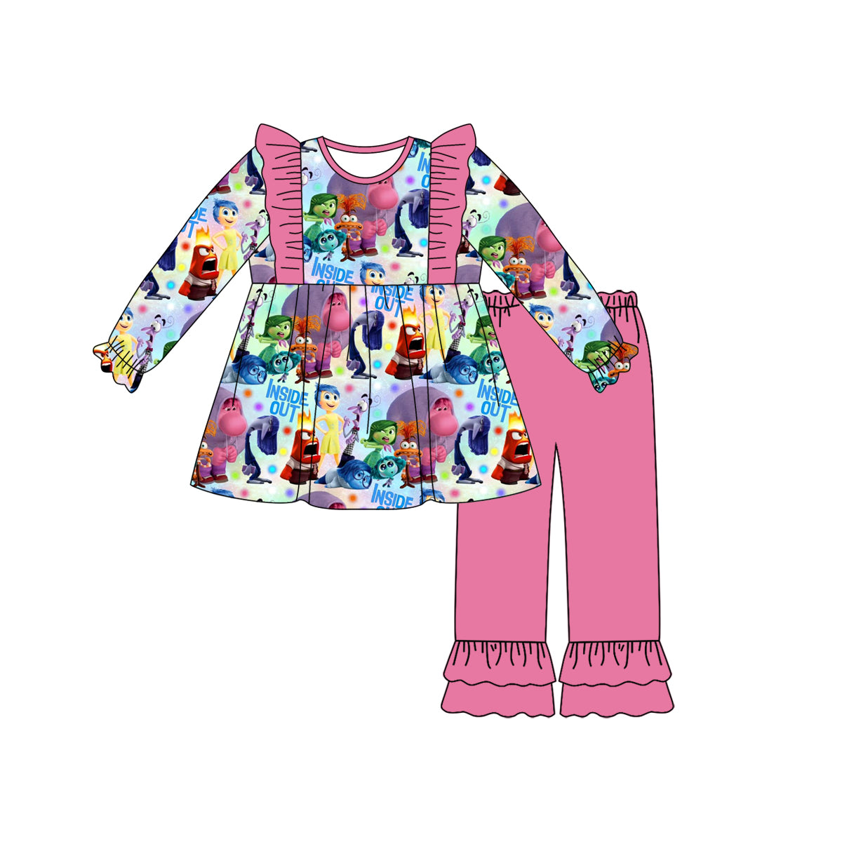 (Custom Design Preorder MOQ 5) Cartoon Figure Inside Out Tie-dye Tunic Top Ruffle Pants Girls Clothes Set
