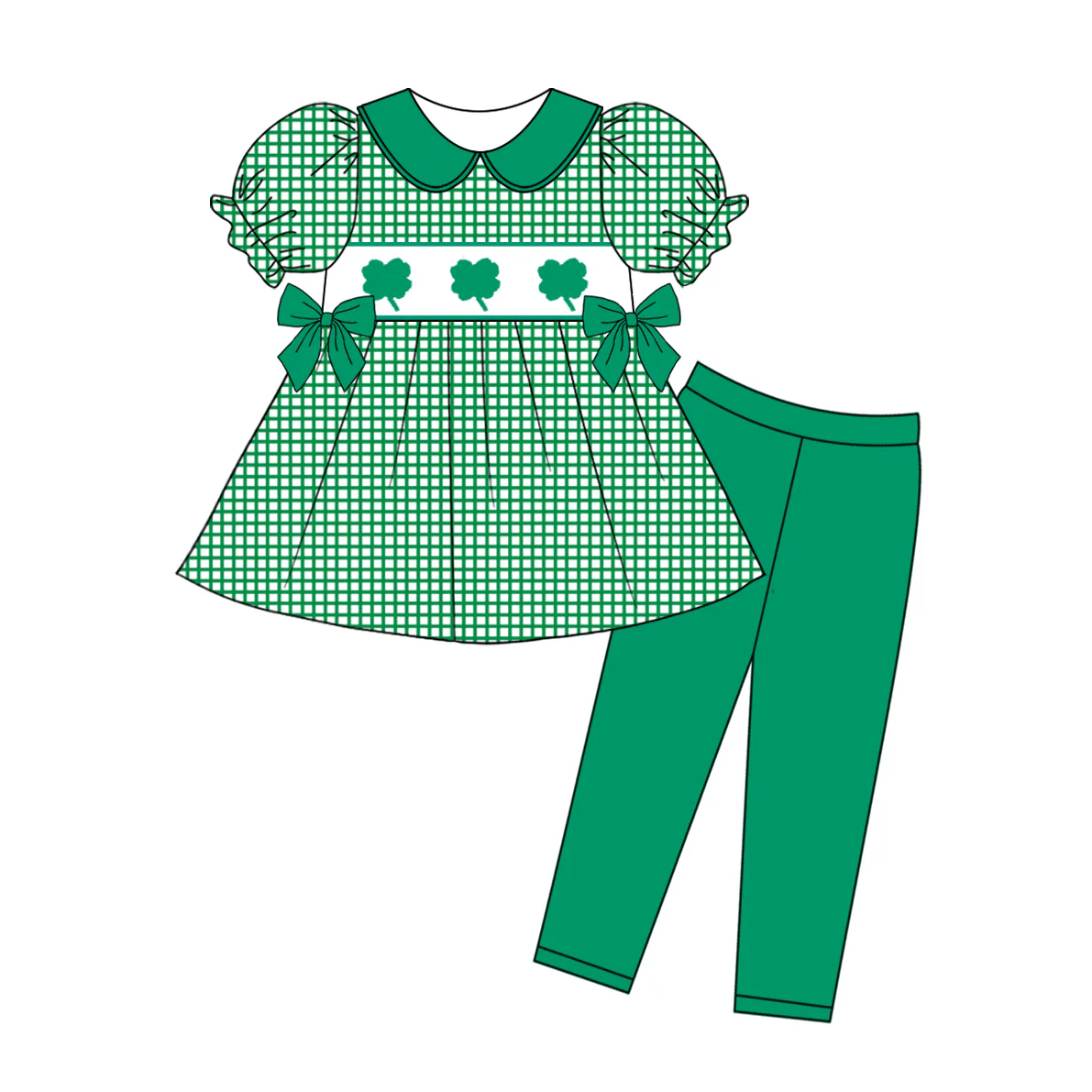 (Custom Design Preorder MOQ 5) Leaf Plaid Tunic Top Green Legging Pants Girls St. Patrick's Day Clothes Set