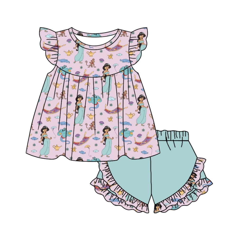 (Custom Design Preorder MOQ 5) Princess Lamp Top Ruffle Shorts Girls Summer Clothes Set