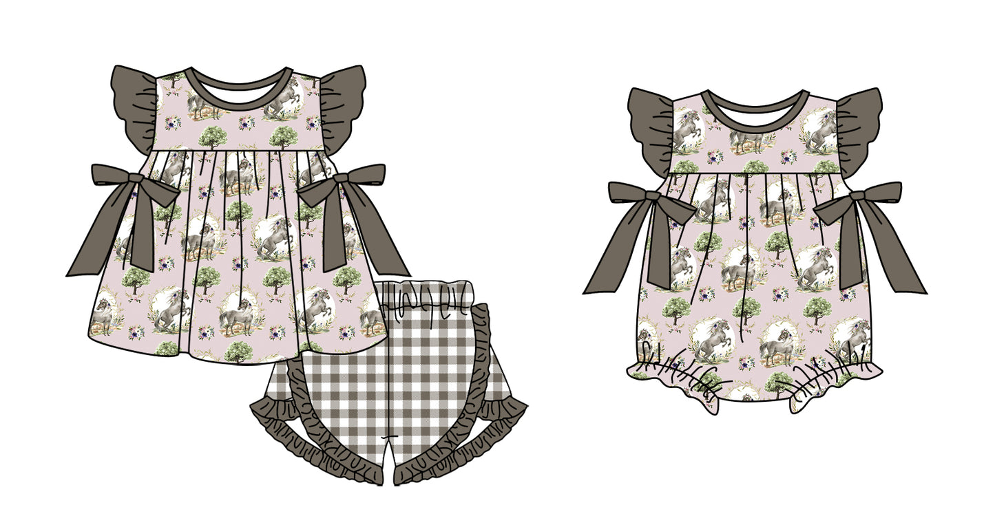 11.4(Custom Design Preorder MOQ 5 Each Design) Horse Flowers Print Girls Summer Matching Clothes Sisters Wear