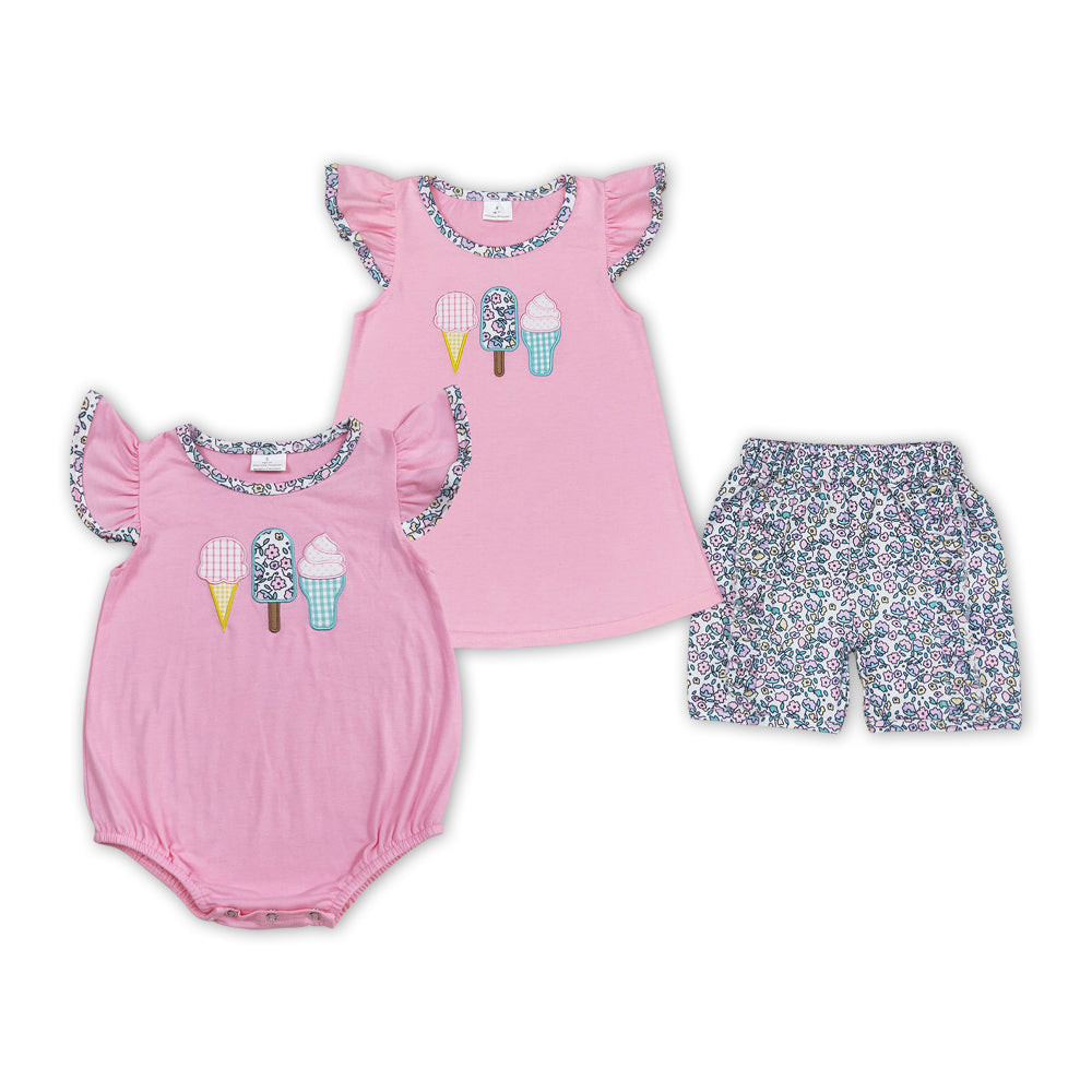 Popsicle Embroidery Pink Flowers Print Sisters Summer Matching Clothes