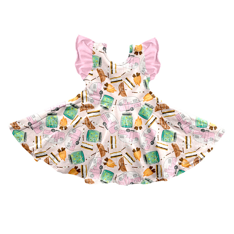 (Custom Design Preorder MOQ 5) Camper Print Girls Knee Length Summer Dress
