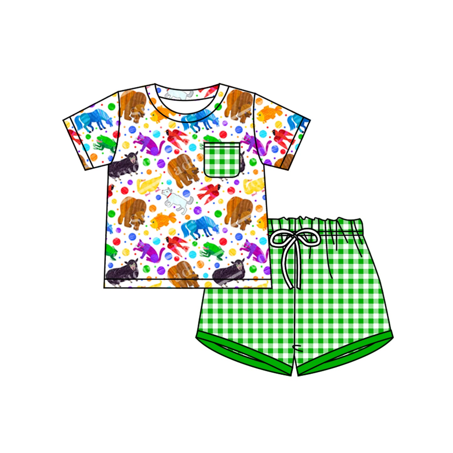 (Custom Design Preorder MOQ 5) What Can You See Colorful Animals Print Pocket Top Plaid Shorts Boys Summer Clothes Set