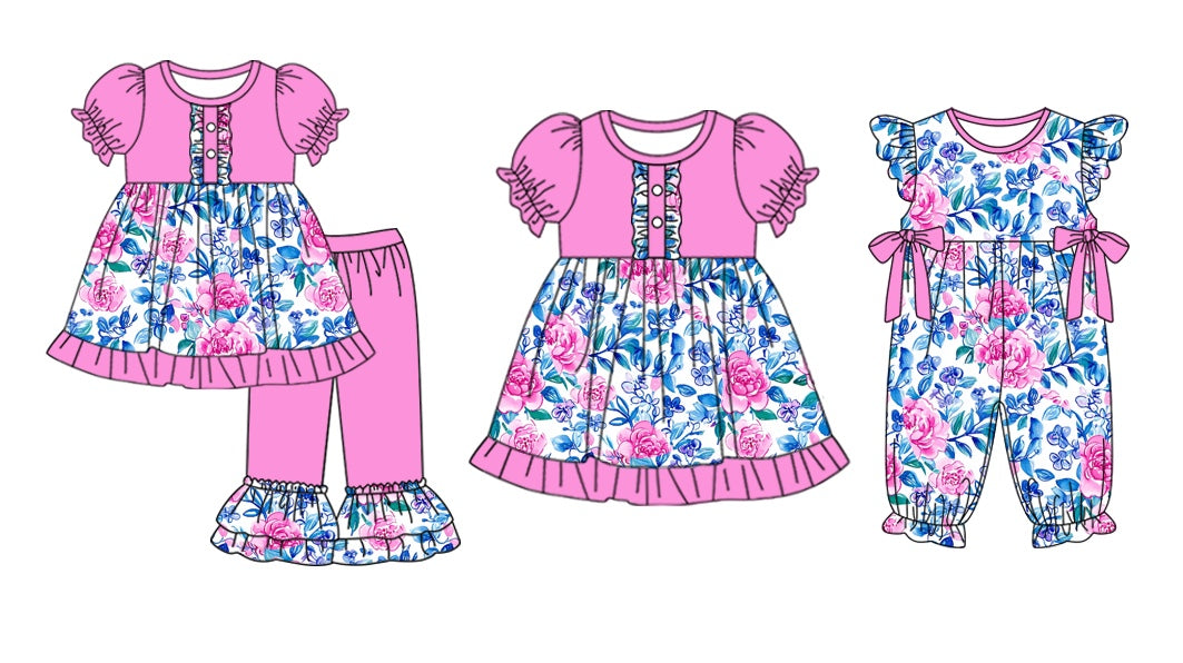 11.4(Custom Design Preorder MOQ 5 Each Design) Pink Flowers Print Girls Summer Matching Clothes Set Sisters Wear