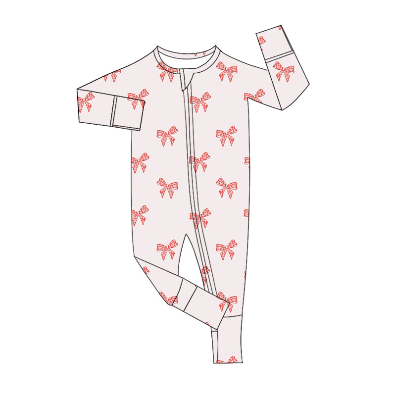 (Custom Design Preorder MOQ 20) Heart Bows Print Baby Girls Valentine's Day Bamboo Sleeper Zipper Romper