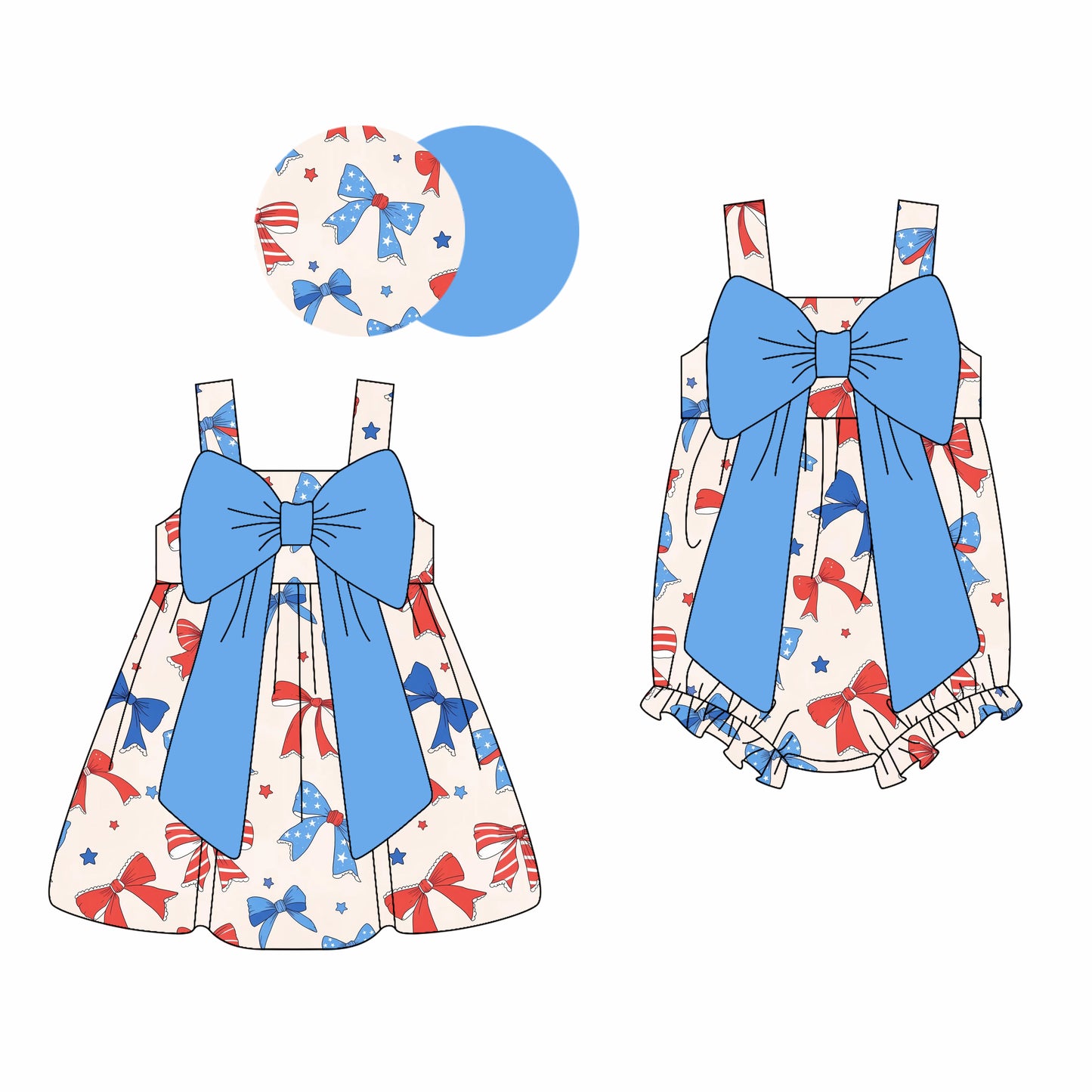 3.5(Custom Design Preorder MOQ 5 Each Design) Red Blue Bows Print Girls 4th of July Matching Clothes Sisters Wear