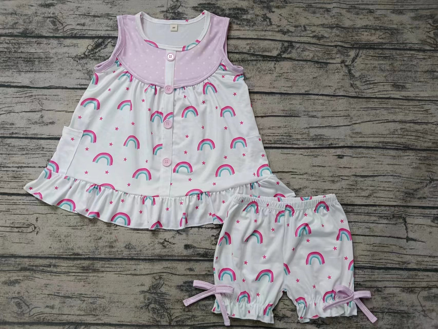 (Custom Design Preorder MOQ 5) Rainbow Print Girls Summer Clothes Set