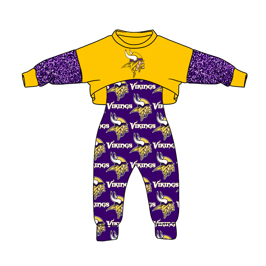 (Custom Design MOQ 5) NO.27 Yellow Purple Football Team's Print Girls Jumpsuits Clothes Set