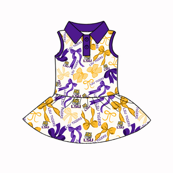 (Custom Design Preorder MOQ 5 Each Color) Team's LSU TIGERS Bows Print Girls Summer Clothes Sisters Matching Wear