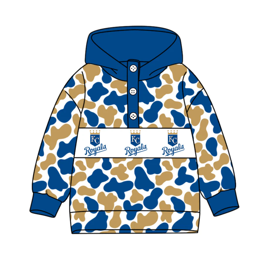 (Custom Design Preorder MOQ 5) Team's Kansas City Royals Camo Print Kids Long Sleeve Buttons Hoodie Top
