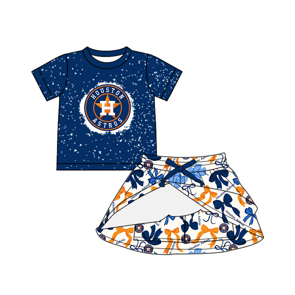 (Custom Design Preorder MOQ 5 Each Color) Team's HOUSTON ASTROS Bows Print Girls Summer Clothes Sisters Matching Wear