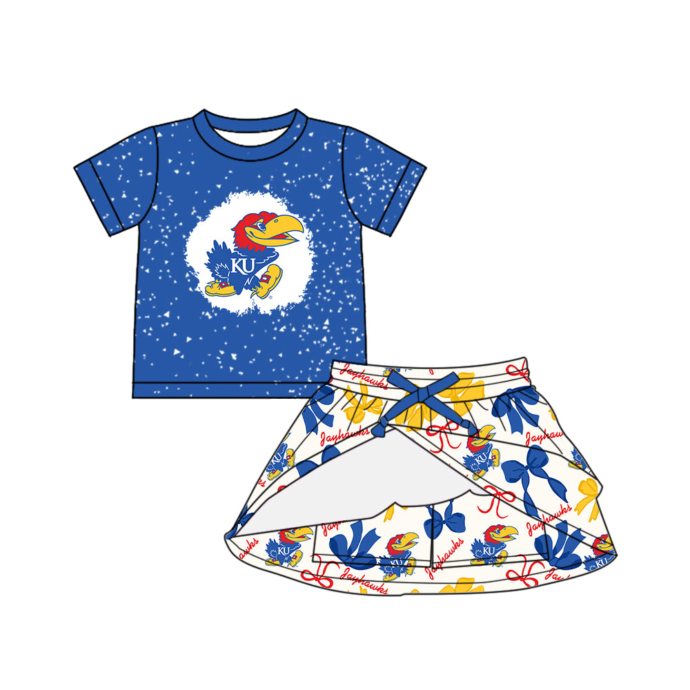 (Custom Design Preorder MOQ 5 Each Color) Team's JAYHAWKS Bows Print Girls Summer Clothes Sisters Matching Wear