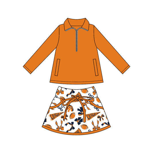 (Custom Design Preorder MOQ 5) Orange Zipper Pullover Top Team's Cheer Bows Skirts Girls Clothes Sets