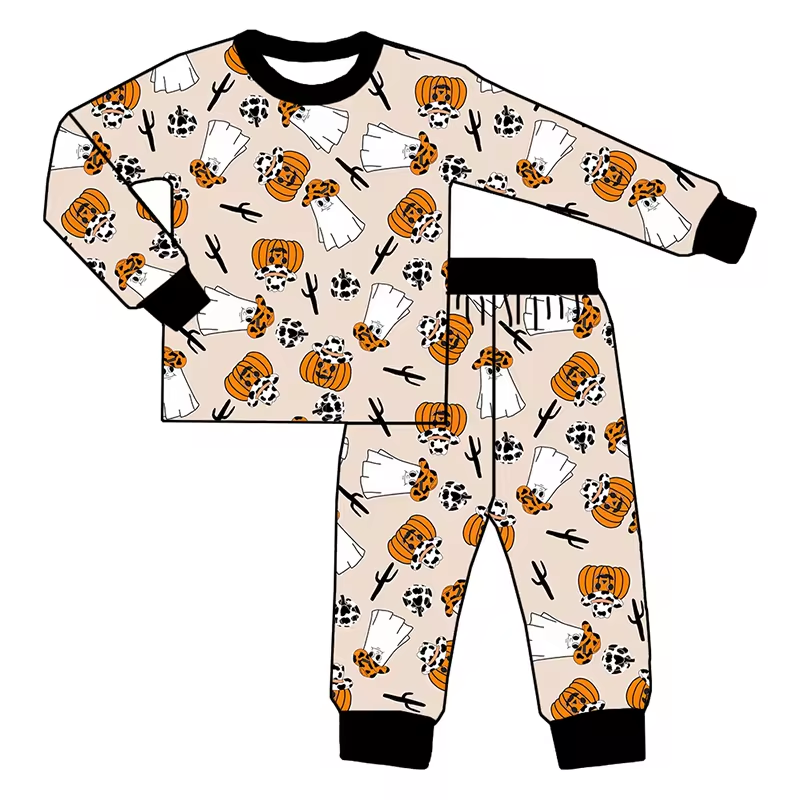 (Custom Design Preorder MOQ 5) Ghost Pumpkin Cowboy Print Kids Halloween Pajamas Western Clothes Set
