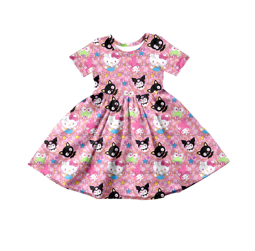 (Custom Design Preorder MOQ 5) Cartoon Animals Pink Print Girls Knee Length Dress