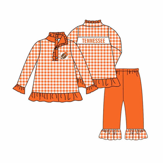 (Custom Design Preorder MOQ 5) Team's Tennessee Plaid Print Pullover Top Orange Pants Girls Fall Clothes Set