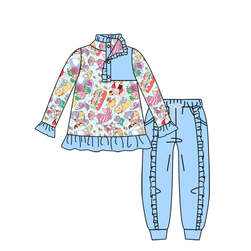 11.18(Custom Design Preorder MOQ 5) Cartoon Characters Alic* Pullover Top Blue Pants Girls Fall Clothes Set