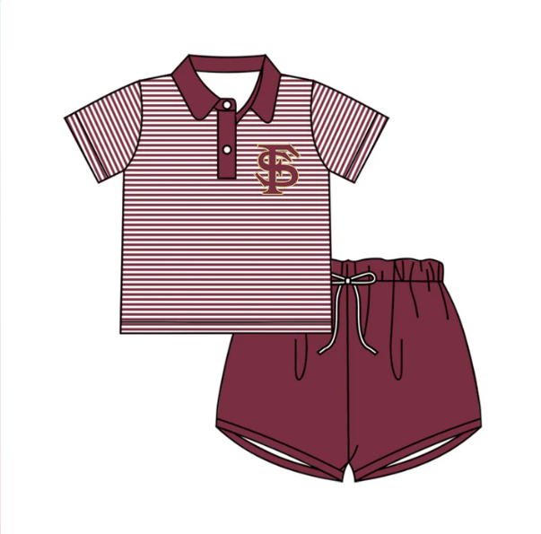 (Custom Design Preorder MOQ 5) Team's FLORIDA STATE Polo Top Wine Shorts Boys Clothes Set
