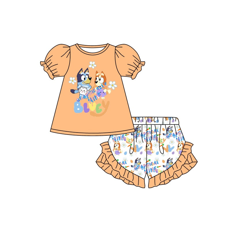 (Custom Design Preorder MOQ 5) Orange Flowers Carrot Cartoon Dog Shorts Girls Easter Clothes Set