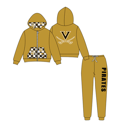 (Custom Design Preorder MOQ 5) Team's PIRATES Zipper Hoodie Top Gold Pants Kids Fall Clothes Set