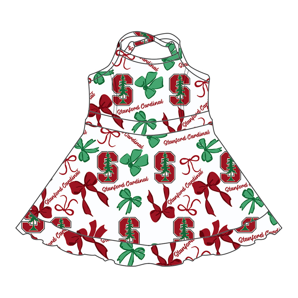 (Custom Design Preorder MOQ 5 Each Color) Team's Stanford Cardinal Bows Print Girls Summer Clothes Sisters Matching Wear