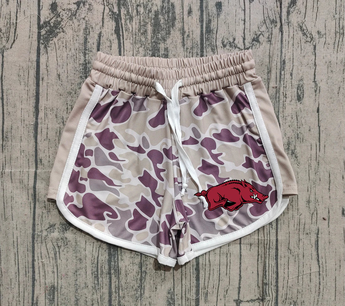 (Custom Design Preorder MOQ 5 Each Item) Team's Arkansas Khaki Purple Camo Print Summer Bottom Shorts Mom and Me Matching Clothes