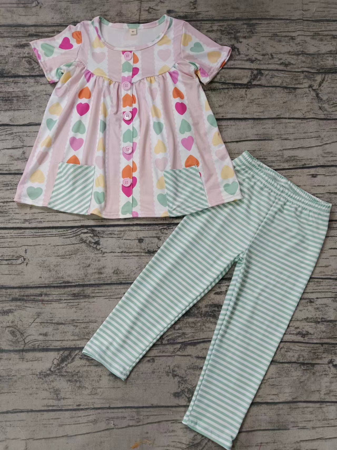 (Custom Design Preorder MOQ 5) Heart Tunic Top Stripes Legging Pants Girls Clothes Set