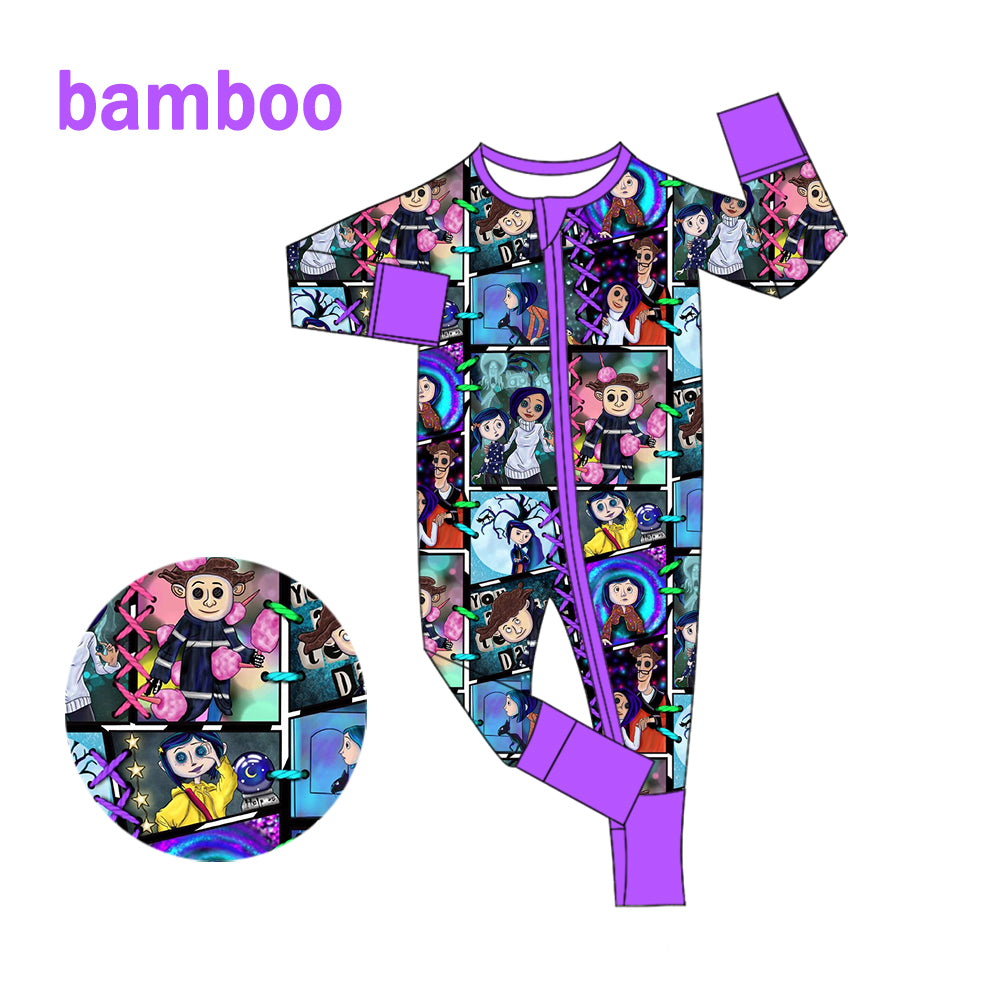 (Custom Design Preorder MOQ 20) Cartoon Character Wednesday Print Baby Halloween Long Sleeve Bamboo Sleeper Zipper Romper