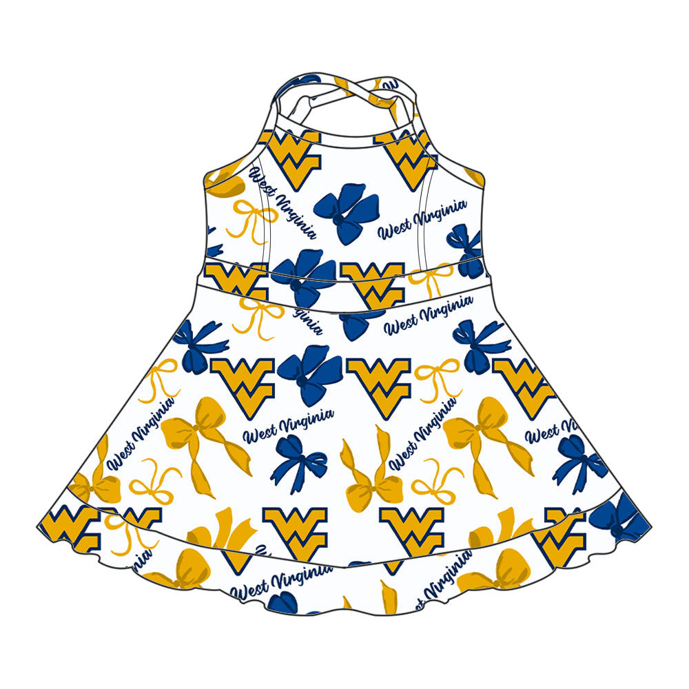 (Custom Design Preorder MOQ 5 Each Color) Team's West Virginia Mountaineers Bows Print Girls Summer Clothes Sisters Matching Wear