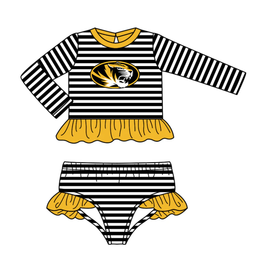 (Custom Design Preorder MOQ 5) Team's Missouri Tigers Stripes Print Girls 2 Pieces Swimsuits