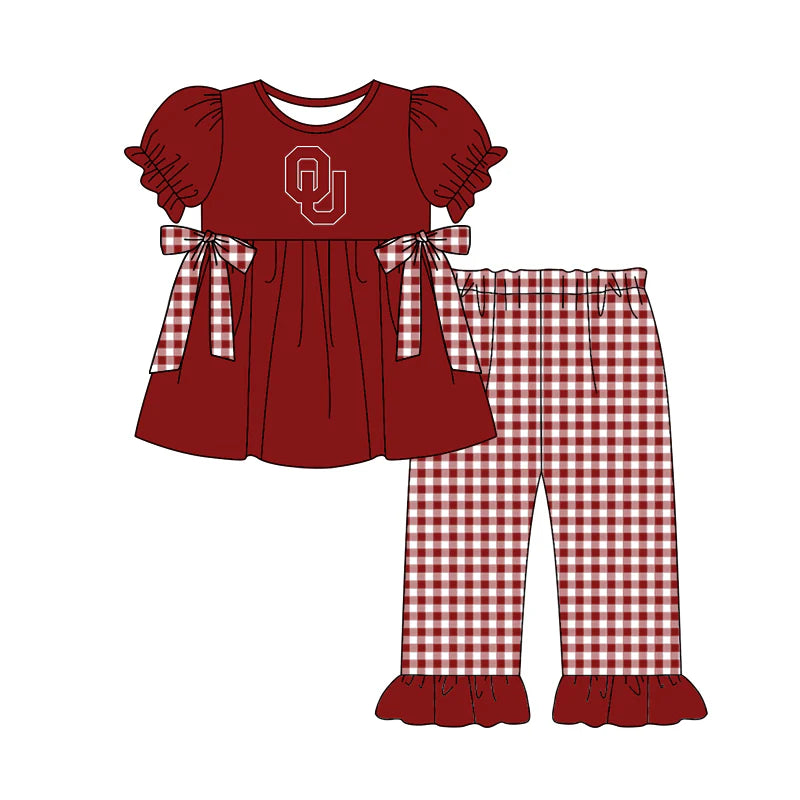 (Custom Design Preorder MOQ 5) Team's Oklahoma Tunic Top Plaid Pants Girls Clothes Set