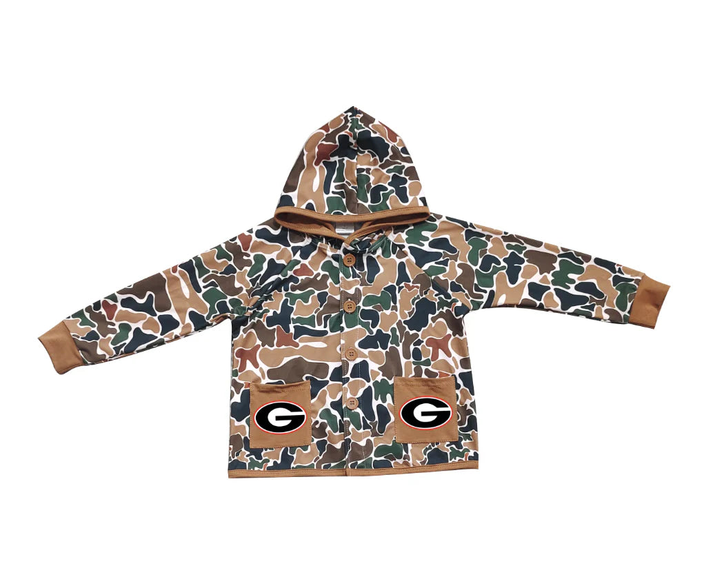 (Custom Design Preorder MOQ 5 Each Item) Team's Georgia Brown Camo Print Pockets Buttons Kids Fall Hoodie Jackets Top Mom and Me Matching Clothes