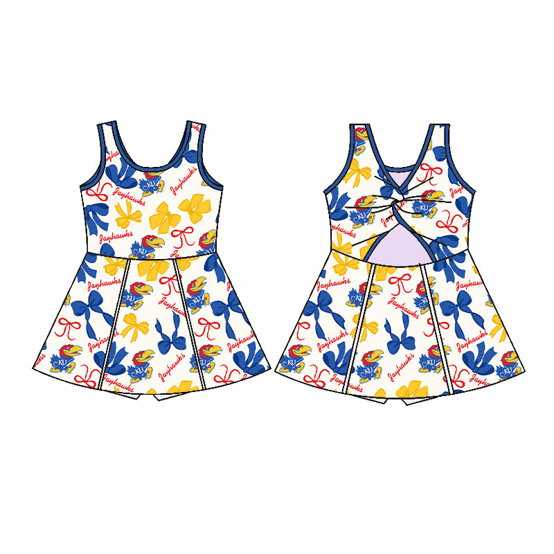 (Custom Design Preorder MOQ 5 Each Color) Team's JAYHAWKS Bows Print Girls Summer Clothes Sisters Matching Wear