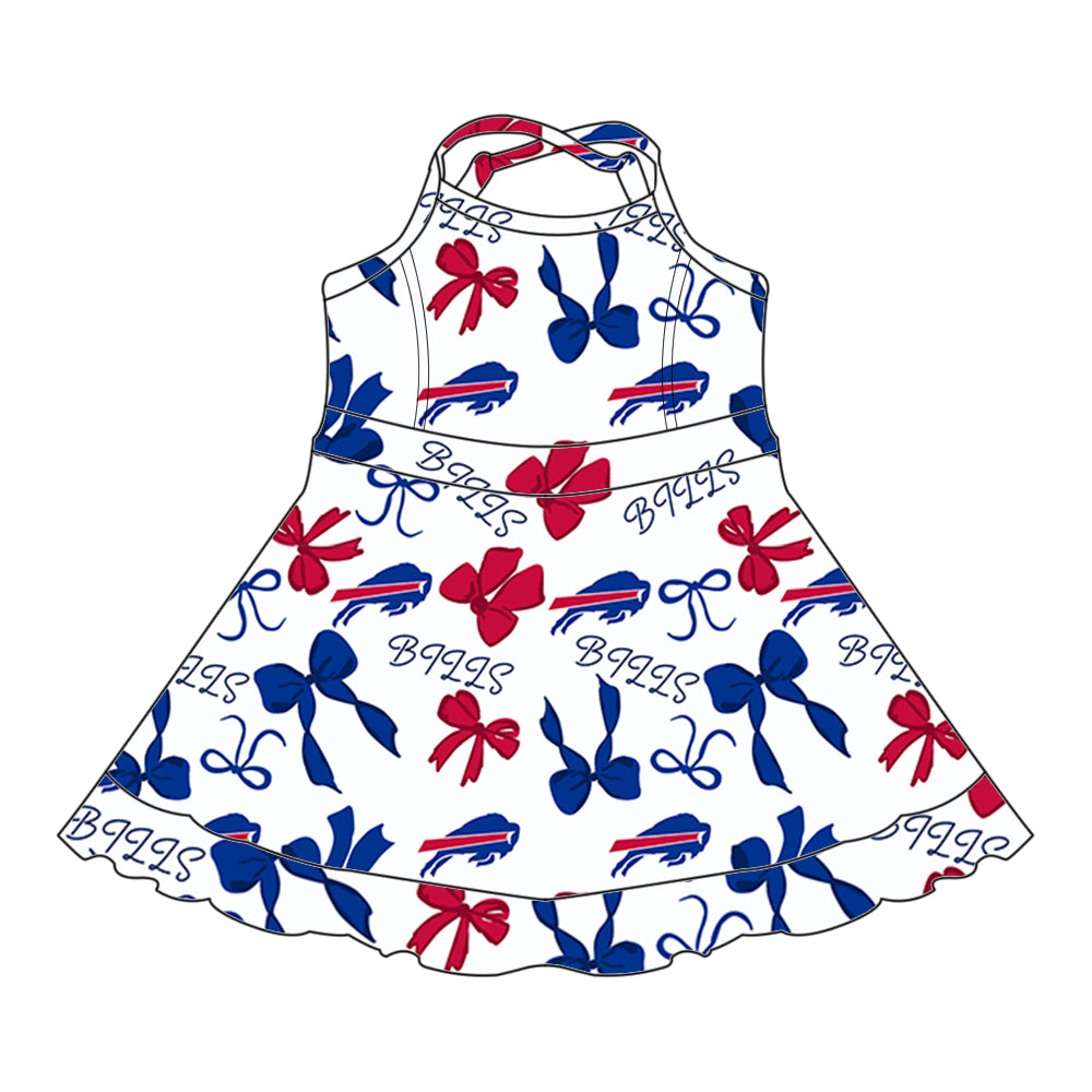 (Custom Design Preorder MOQ 5 Each Color) Team's BILLS Bows Print Girls Summer Clothes Sisters Matching Wear