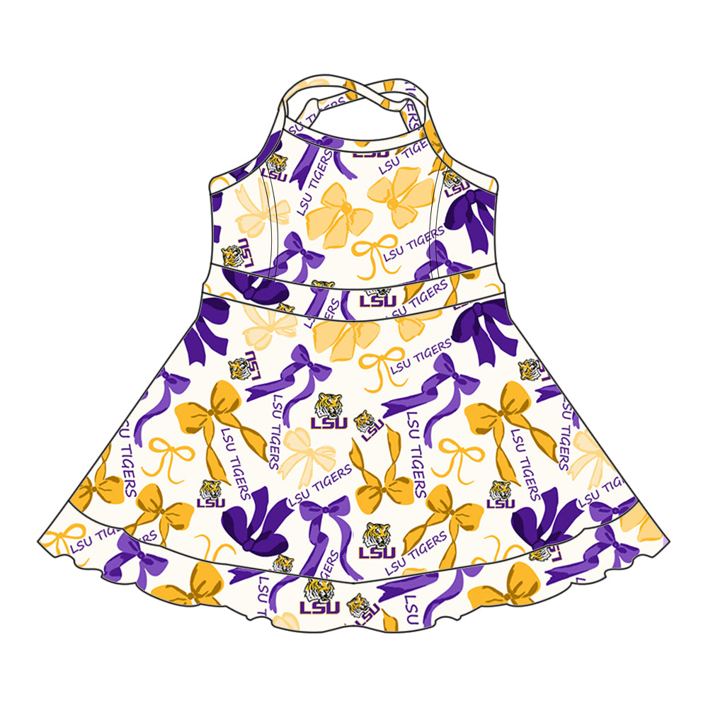 (Custom Design Preorder MOQ 5 Each Color) Team's LSU TIGERS Bows Print Girls Summer Clothes Sisters Matching Wear