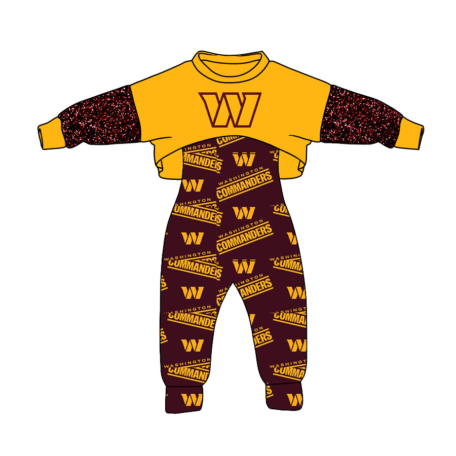 (Custom Design MOQ 5) NO.28 Dark Brown Football Team's Print Girls Jumpsuits Clothes Set