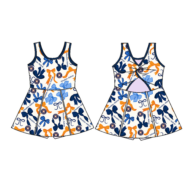 (Custom Design Preorder MOQ 5 Each Color) Team's HOUSTON ASTROS Bows Print Girls Summer Clothes Sisters Matching Wear
