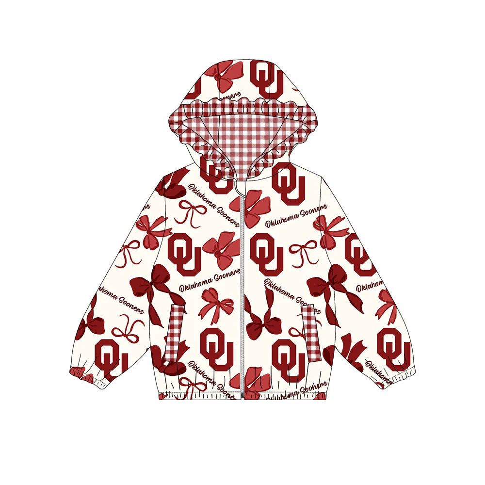 (Custom Design Preorder MOQ 5) Team's Oklahoma Sooners Bows Print Pockets Girls Long Sleeve Zipper Jackets Top