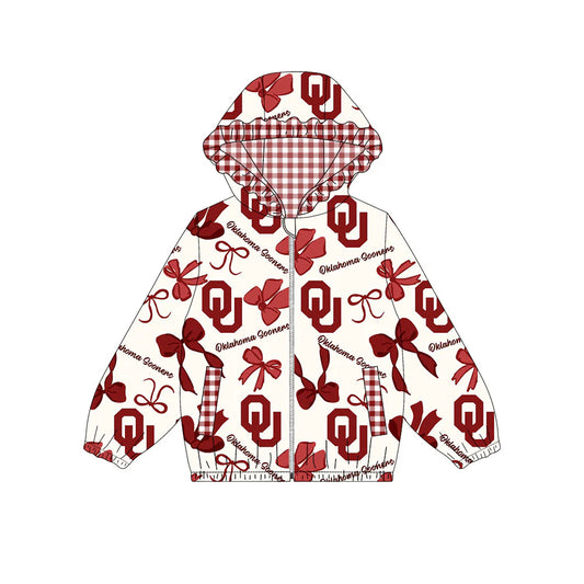 (Custom Design Preorder MOQ 5) Team's Oklahoma Sooners Bows Print Pockets Girls Long Sleeve Zipper Jackets Top