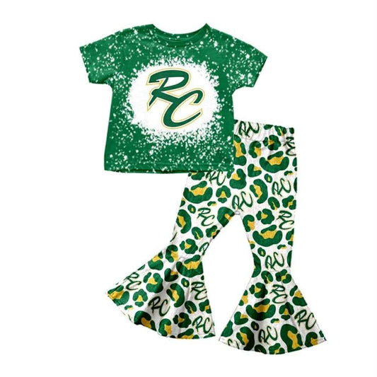 (Custom Design Preorder MOQ 5) Team's RC Green Print Leopard Bell Pants Girls Clothes Set