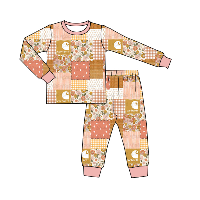 (Custom Design Preorder MOQ 5) Pink Flowers Cactus Boots Print Girls Pajamas Clothes Set