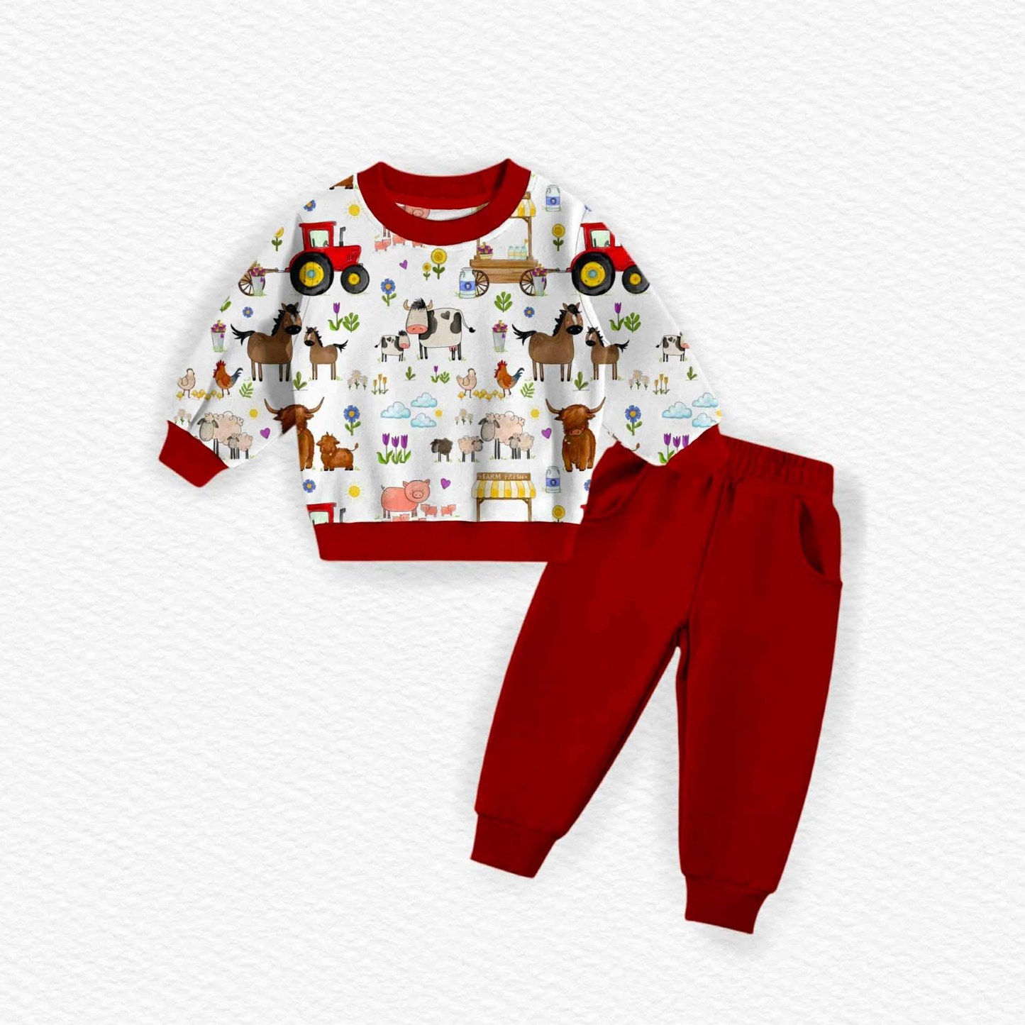 (Custom Design Preorder MOQ 5) Farm Animals Top Red Pants Kids Clothes Set