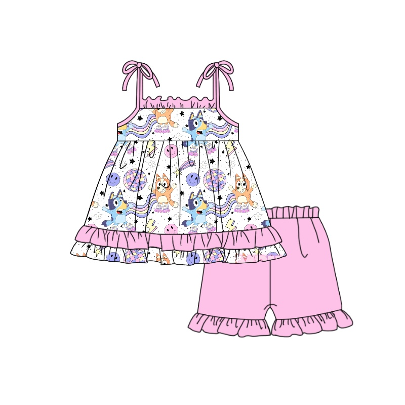 (Custom Design Preorder MOQ 5) Cartoon Dog Strap Top Pink Shorts Girls Clothes Sets