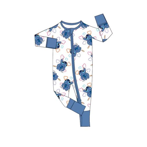 (Custom Design Preorder MOQ 5) Cartoon Stitc* Print Baby Girls Sleeper Zipper Romper