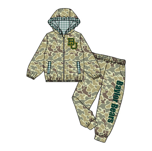 (Custom Design Preorder MOQ 5) Team's BAYLOR BEARS Camo Print Hoodie Zipper Top Pockets Pants Girls Fall Clothes Set