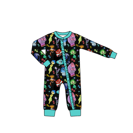 (Custom Design Preorder MOQ 5)  Cartoon Figure Inside Out Stars Black Print Baby Girls Bamboo Sleeper Zipper Romper